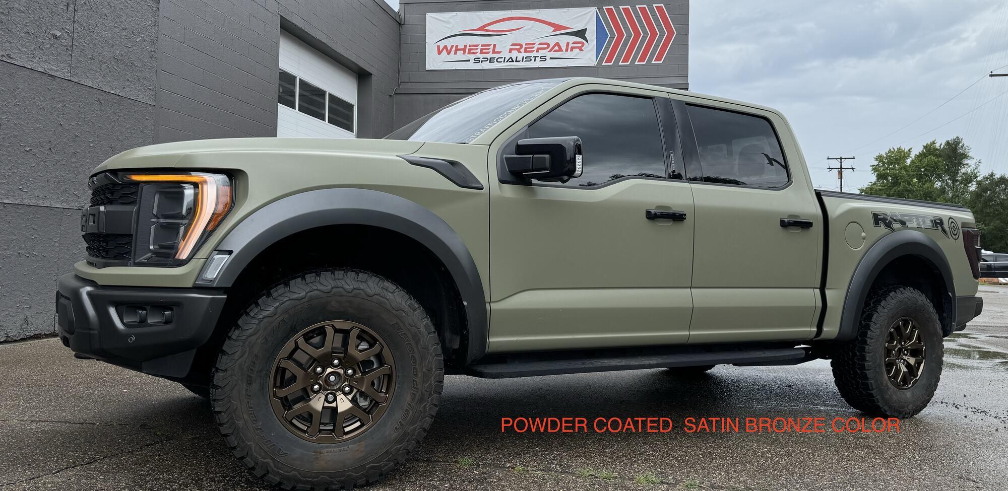 Green Ford Raptor with powder-coated satin bronze wheels